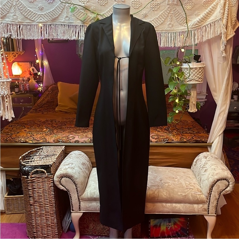 Vintage 90s Goth black duster long maxi jacket coat - Tie front closure
